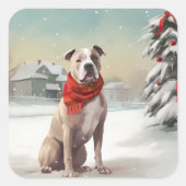 Amerikaanse Staffordshire Hond in Sneeuw Kerstmis Vierkante Sticker (Voorkant)