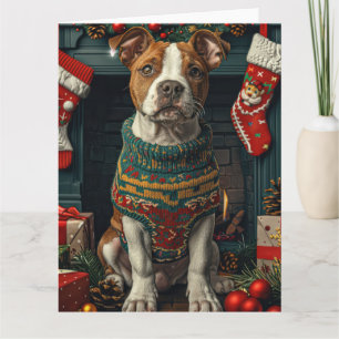Amerikaanse Staffordshire-hond met kerstcadeaus Kaart
