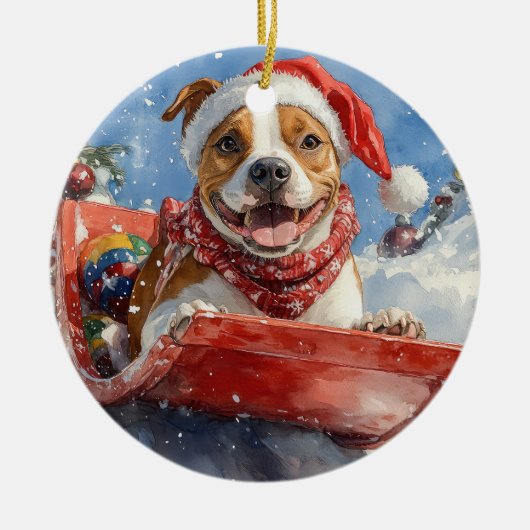 Amerikaanse Staffordshire in Kerstslede Keramisch Ornament (Voorkant)