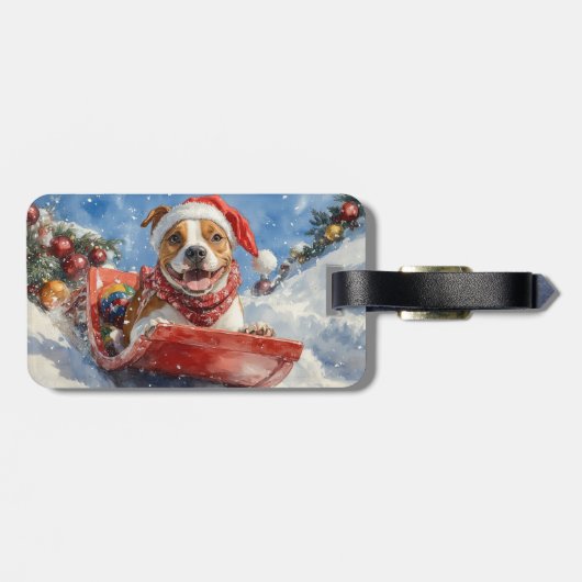 Amerikaanse Staffordshire in Sledge Christmas Bagagelabel (Achterkant horizontaal)
