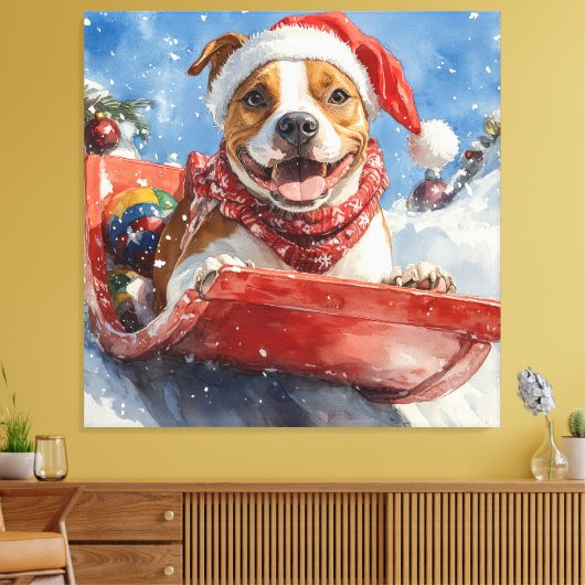Amerikaanse Staffordshire in Sledge Christmas Canvas Afdruk (Insitu (Woonkamer))