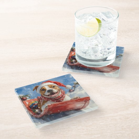 Amerikaanse Staffordshire in Sledge Christmas Glazen Onderzetter (Schuin)
