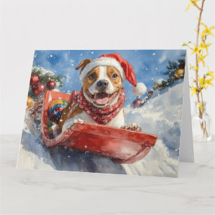 Amerikaanse Staffordshire in Sledge Christmas Kaart