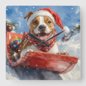 Amerikaanse Staffordshire in Sledge Christmas Vierkante Klok (Voorkant)