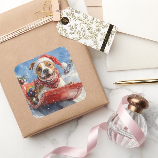 Amerikaanse Staffordshire in Sledge Christmas Vierkante Sticker (Geschenken)