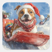Amerikaanse Staffordshire in Sledge Christmas Vierkante Sticker (Voorkant)