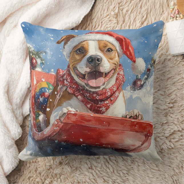 Amerikaanse Staffordshire in slee Kerstmis Kussen (Deken)