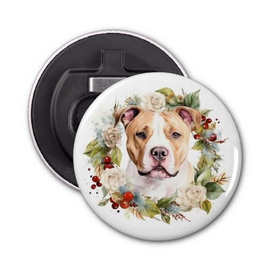 Amerikaanse Staffordshire Kerstkrans feestelijk Button Flesopener (Voorkant)