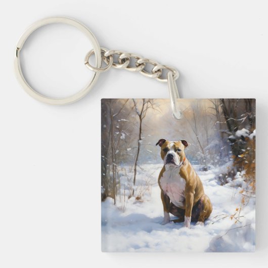 Amerikaanse Staffordshire Laat het Sneeuwen Kerstm Sleutelhanger (Voorkant)