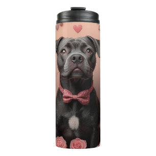 Amerikaanse Staffordshire met Rozen -Valentijnsdag Thermosbeker