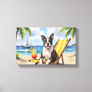 Amerikaanse Staffordshire Terrier aan het strand Canvas Afdruk
