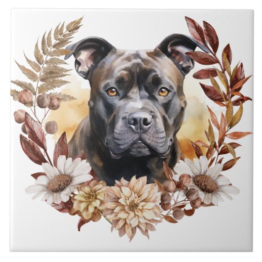 Amerikaanse Staffordshire Terrier Hond Herfst kran Tegeltje (Voorkant)
