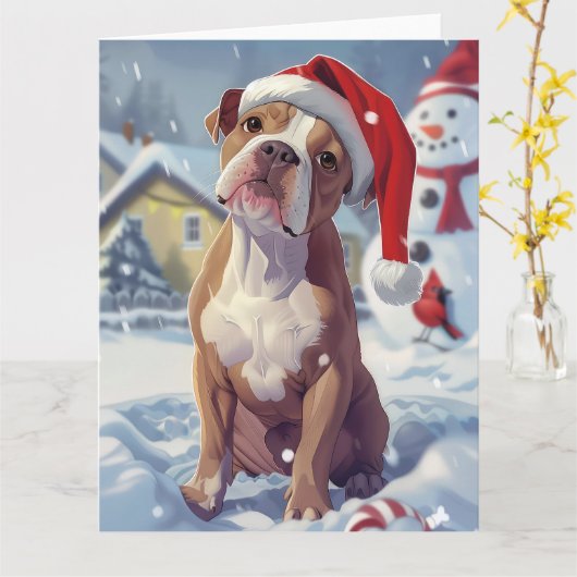 Amerikaanse Staffordshire Winter Wonderland Kerstm Kaart (Gele Bloem)