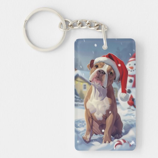 Amerikaanse Staffordshire Winter Wonderland Kerstm Sleutelhanger (Voorkant)