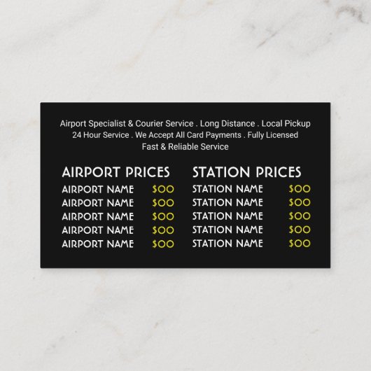 Amerikaanse stijl taxi, prijslijst visitekaartje (Achterkant)