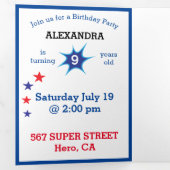Amerikaanse superheld Tremendous Birthday Drieluik Uitnodiging (Binnenzijde eerst)