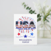 Amerikaanse tekstvlag glitters vuurwerk Happy 4 ju Briefkaart (Staand voorkant)