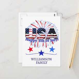 Amerikaanse tekstvlag glitters vuurwerk Happy 4 ju Briefkaart