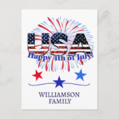Amerikaanse tekstvlag glitters vuurwerk Happy 4 ju Briefkaart (Voorkant)