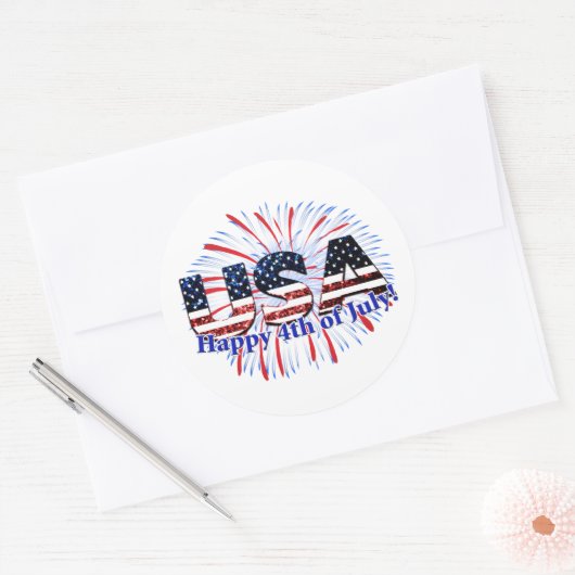 Amerikaanse tekstvlag glitters vuurwerk Happy 4 ju Ronde Sticker (Envelop)