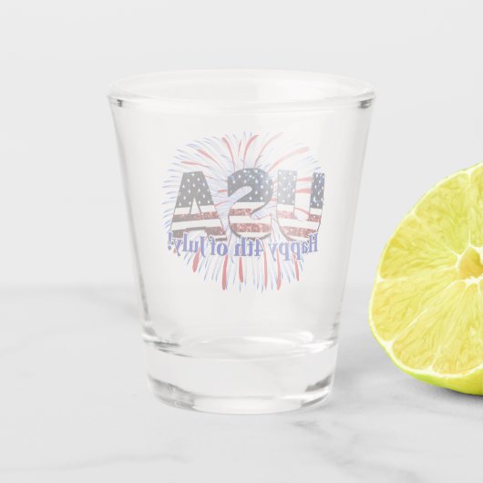 Amerikaanse tekstvlag glitters vuurwerk Happy 4 ju Shot Glas (Achterkant)