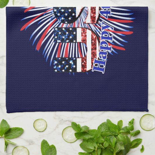 Amerikaanse tekstvlag glitters vuurwerk Happy 4 ju Theedoek (Gevouwen)