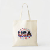 Amerikaanse tekstvlag glitters vuurwerk Happy 4 ju Tote Bag (Voorkant)