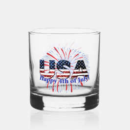 Amerikaanse tekstvlag glitters vuurwerk Happy 4 ju Whisky Glas