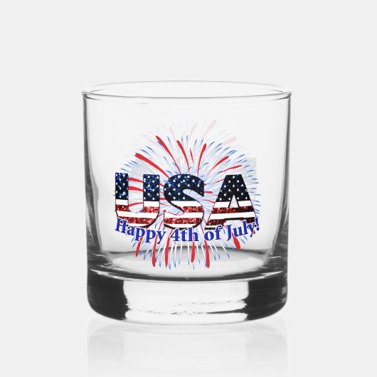 Amerikaanse tekstvlag glitters vuurwerk Happy 4 ju Whisky Glas (Voorkant)