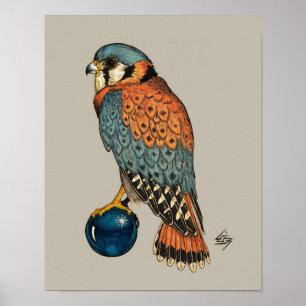 Amerikaanse torenvalk op een blauw glazen bal poster