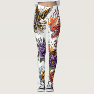 Amerikaanse Traditionele Adelaar vs Draak Tattoo Leggings