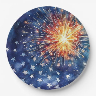 Amerikaanse viering. Sterren en vuurwerk. Papieren Bordje