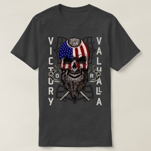 Amerikaanse Viking Victory Valhalla Ax Skull Flag T-shirt (Design voorkant)