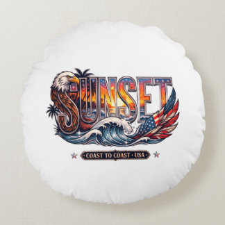 Amerikaanse Vintage Adelaar & Vlag "SUNSET" Golf  Rond Kussen