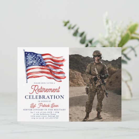 Amerikaanse vlag 4 juli Foto Leger Pensioen Kaart (Staand voorkant)