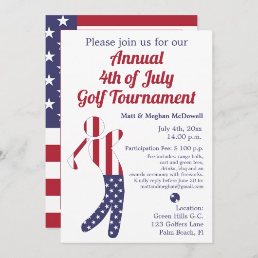 Amerikaanse vlag | 4 juli Golf Tournament Invite Kaart (Voorkant / Achterkant)