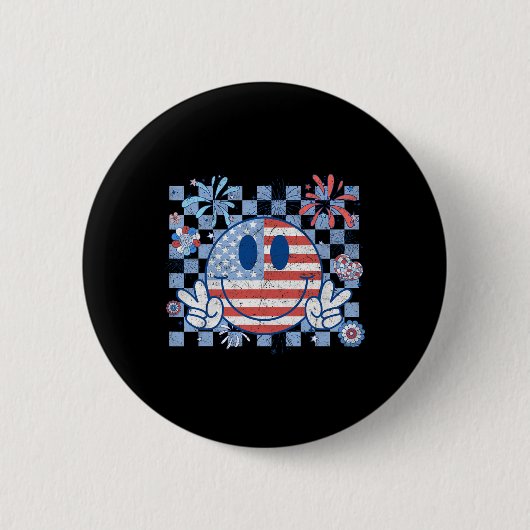 Amerikaanse vlag 4 juli Groovy Smiling Face Chec Ronde Button 5,7 Cm (Voorkant)