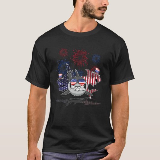 Amerikaanse vlag 4 juli haai patriottisch dier t-shirt (Voorkant)
