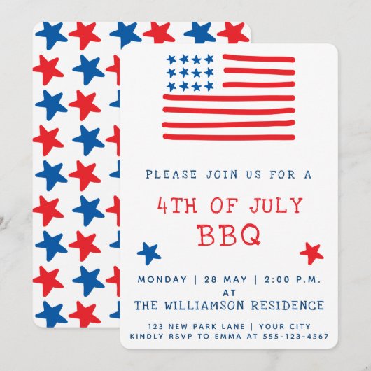 Amerikaanse vlag | 4 juli Uitnodiging BBQ (Voorkant / Achterkant)