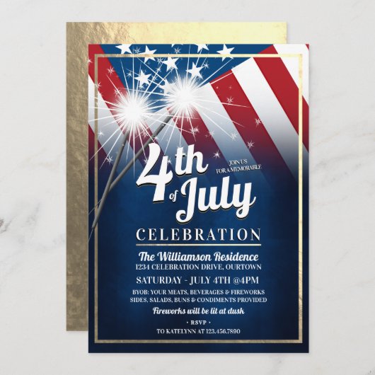 Amerikaanse vlag 4e van Uitnodigingen van juli (Voorkant / Achterkant)