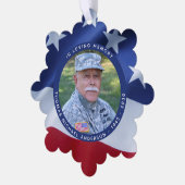 Amerikaanse vlag aangepaste foto in liefdevolle he ornament kaart (Links)