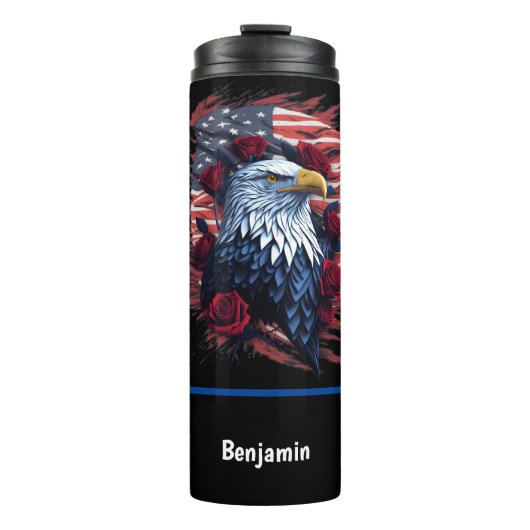 Amerikaanse Vlag Adelaar Rozen Rood Wit Blauw Thermosbeker (Voorkant)