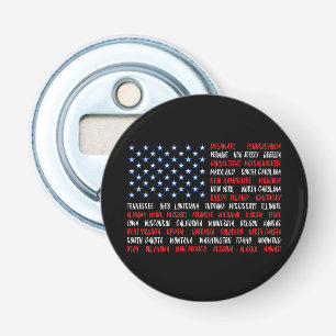 Amerikaanse vlag Alle 50 staatsnamen Button Flesopener