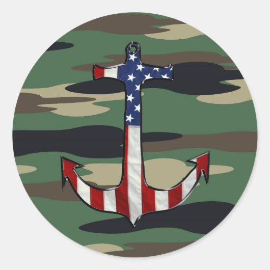 Amerikaanse vlag anker op Camo Ronde Sticker (Voorkant)