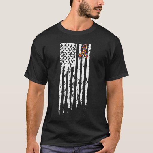 Amerikaanse vlag Autisme Puzzle Ribbon T-shirt (Voorkant)