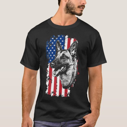 Amerikaanse vlag Belgische Malinois K9 politiehond T-shirt (Voorkant)