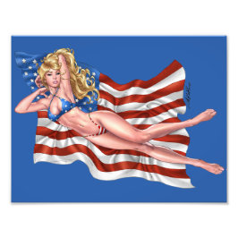 Amerikaanse vlag Bikini Pinup Girl van Al Rio Foto Afdruk