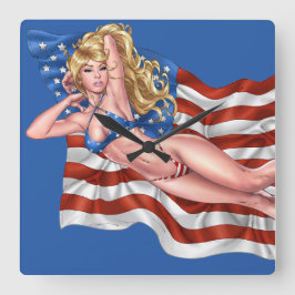 Amerikaanse vlag Bikini Pinup Girl van Al Rio Vierkante Klok