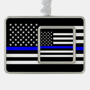 Amerikaanse vlag Black en White Thin Blue Line Verzilverd Omlijst Ornament