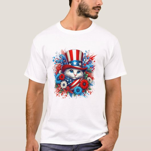 Amerikaanse Vlag Bloem Kat T-shirt (Voorkant)